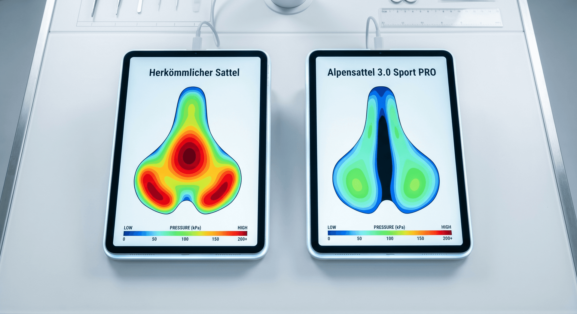Druckmatten-Vergleich: Herkömmlicher Sattel mit roten Hotspots im Dammbereich vs. Alpensattel 3.0 Sport PRO mit grüner Druckverteilung und freier Mitte